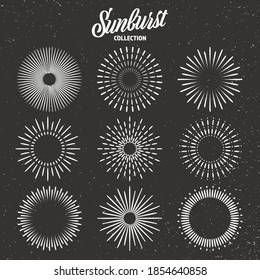 Vintage grunge sunburst collection. Bursting sun rays. Fireworks. Logotype or lettering design element. Radial sunset beams. Vector illustration.
