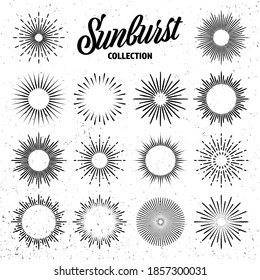 Vintage grunge sunburst collection. Bursting sun rays. Fireworks. Logotype or lettering design element. Radial sunset beams. Vector illustration.