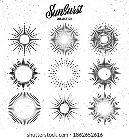 Vintage grunge sunburst collection. Bursting sun rays. Fireworks. Logotype or lettering design element. Radial sunset beams. Vector illustration.