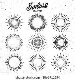 Vintage grunge sunburst collection. Bursting sun rays. Fireworks. Logotype or lettering design element. Radial sunset beams. Vector illustration.