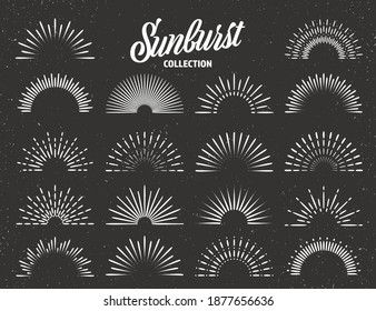 Vintage grunge sunburst collection. Bursting sun rays. Fireworks. Logotype or lettering design element. Radial sunset beams. Vector illustration.