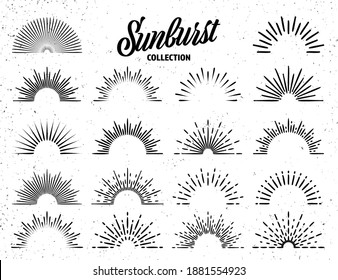 Vintage grunge sunburst collection. Bursting sun rays. Fireworks. Logotype or lettering design element. Radial sunset beams. Vector illustration.