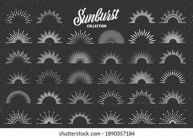 Vintage grunge sunburst collection. Bursting sun rays. Fireworks. Logotype or lettering design element. Radial sunset beams. Vector illustration.