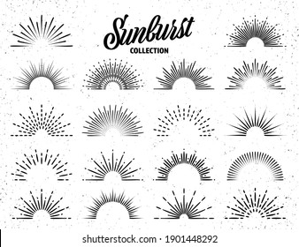 Vintage grunge sunburst collection. Bursting sun rays. Fireworks. Logotype or lettering design element. Radial sunset beams. Vector illustration.