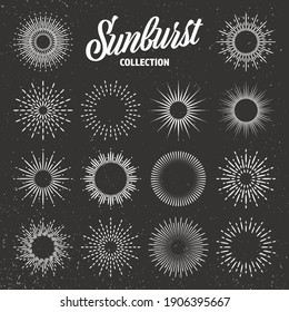 Vintage grunge sunburst collection. Bursting sun rays. Fireworks. Logotype or lettering design element. Radial sunset beams. Vector illustration.