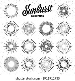 Vintage grunge sunburst collection. Bursting sun rays. Fireworks. Logotype or lettering design element. Radial sunset beams. Vector illustration.