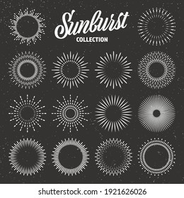 Vintage grunge sunburst collection. Bursting sun rays. Fireworks. Logotype or lettering design element. Radial sunset beams. Vector illustration.