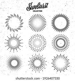 Vintage grunge sunburst collection. Bursting sun rays. Fireworks. Logotype or lettering design element. Radial sunset beams. Vector illustration.