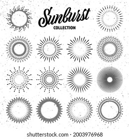 Vintage grunge sunburst collection. Bursting sun rays. Fireworks. Logotype or lettering design element. Radial sunset beams. Vector illustration.