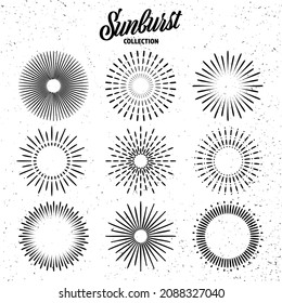 Vintage grunge sunburst collection. Bursting sun rays. Fireworks. Logotype or lettering design element. Radial sunset beams. Vector illustration.