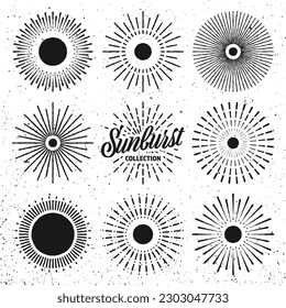 Vintage grunge sunburst, sunset beams. Hand drawn bursting sun, light rays. Logotype or lettering design element in retro style. Vector illustration