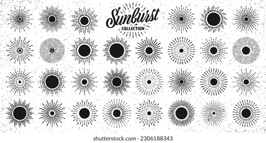 Vintage grunge sunburst, sunset beams. Hand drawn bursting sun, light rays. Logotype or lettering design element in retro style. Vector illustration