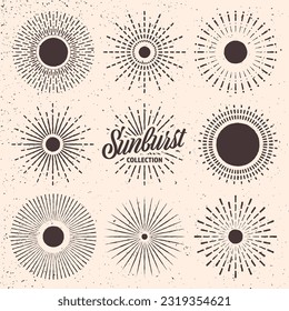 Vintage grunge sunburst, sunset beams. Hand drawn bursting sun, light rays. Logotype or lettering design element in retro style. Vector illustration