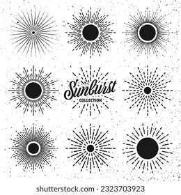 Vintage grunge sunburst, sunset beams. Hand drawn bursting sun, light rays. Logotype or lettering design element in retro style. Vector illustration