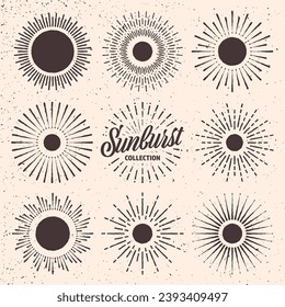 Vintage grunge sunburst, sunset beams. Hand drawn bursting sun, light rays. Logotype or lettering design element in retro style. Vector illustration