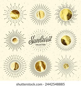 Vintage grunge sunburst sunset beams. Gold foil, shiny handmade circles. Golden glittering texture, pattern. Hand drawn bursting sun, light rays. Logotype, lettering, retro style. Vector illustration