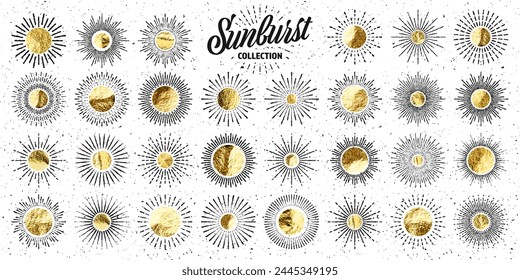 Vintage grunge sunburst sunset beams. Gold foil, shiny handmade circles. Golden glittering texture, pattern. Hand drawn bursting sun, light rays. Logotype, lettering, retro style. Vector illustration