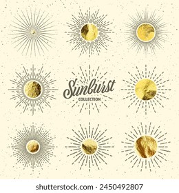 Vintage grunge sunburst sunset beams. Gold foil, shiny handmade circles. Golden glittering texture, pattern. Hand drawn bursting sun, light rays. Logotype, lettering, retro style. Vector illustration