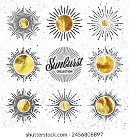 Vintage grunge sunburst sunset beams. Gold foil, shiny handmade circles. Golden glittering texture, pattern. Hand drawn bursting sun, light rays. Logotype, lettering, retro style. Vector illustration
