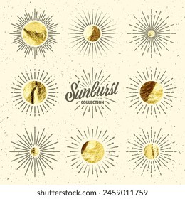 Antiguas grunge sunburst rayos de sol. Lámina de oro, círculos brillantes hechos a mano. Textura dorada brillante, patrón. Dibujado a mano de sol reventador, rayos de luz. Logotipo, letras, estilo retro. Ilustración vectorial