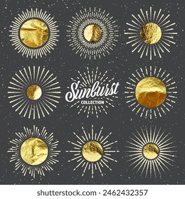 Vintage grunge sunburst sunset beams. Gold foil, shiny handmade circles. Golden glittering texture, pattern. Hand drawn bursting sun, light rays. Logotype, lettering, retro style. Vector illustration