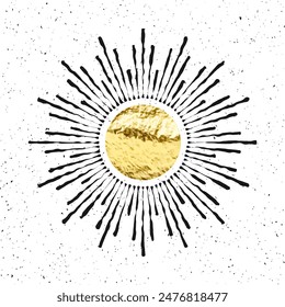 Vintage grunge sunburst sunset beams. Gold foil, shiny handmade circles. Golden glittering texture, pattern. Hand drawn bursting sun, light rays. Logotype, lettering, retro style. Vector illustration