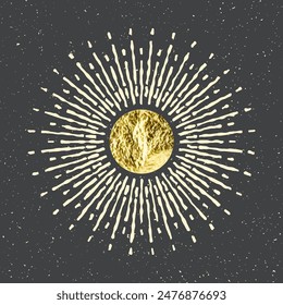 Vintage grunge sunburst sunset beams. Gold foil, shiny handmade circles. Golden glittering texture, pattern. Hand drawn bursting sun, light rays. Logotype, lettering, retro style. Vector illustration
