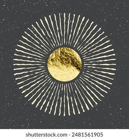Vintage grunge sunburst sunset beams. Gold foil, shiny handmade circles. Golden glittering texture, pattern. Hand drawn bursting sun, light rays. Logotype, lettering, retro style. Vector illustration