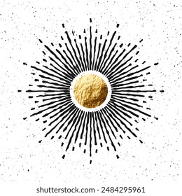 Vintage grunge sunburst sunset beams. Gold foil, shiny handmade circles. Golden glittering texture, pattern. Hand drawn bursting sun, light rays. Logotype, lettering, retro style. Vector illustration