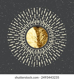 Vintage grunge sunburst sunset beams. Gold foil, shiny handmade circles. Golden glittering texture, pattern. Hand drawn bursting sun, light rays. Logotype, lettering, retro style. Vector illustration