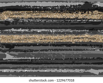 Vintage grunge texture brush stroke stripes with gold glitter sparkles vector seamless pattern background. Sparkles golden glitter glossy confetti over horizontal ink lines. Watercolor print.