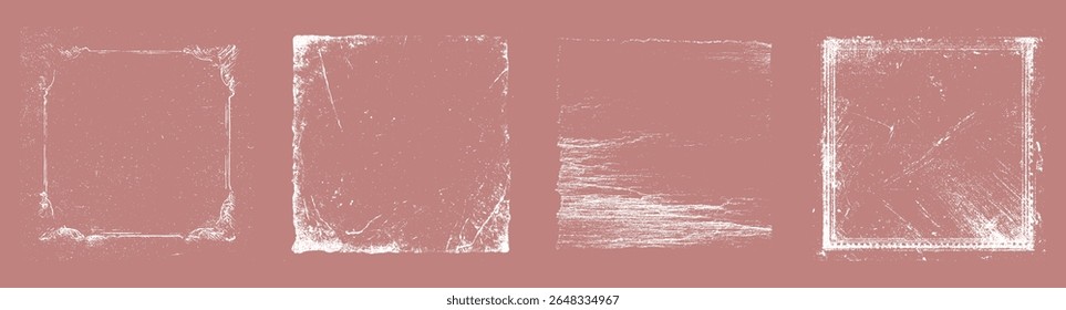 Vintage grunge texture frame set for retro design and border decoration. Distressed scratch overlay frame element. Abstract grunge square edge.

