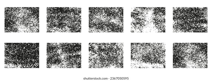 Vintage Grunge Texture in Rectangle Shape Set. Stain Paint Brush Collection, Messy Paintbrush Ink. Old Rough Abstract Design Element. Black Square Stamp. Hand Drawn Art. Isolated Vector Illustration.