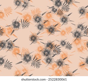 Vintage Grunge textura padrão de flores tropicais. design de padrão de verão. Flor de hibisco com pano de tapa pano de fundo abstrato vetor tribal padrão sem costura para camisa de tecido