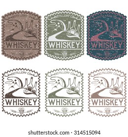 vintage grunge vector labels of whiskey with copper whiskey still and mountains