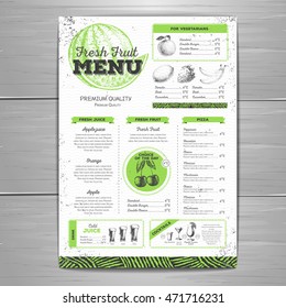 Vintage grunge vegetarian food menu design. Fresh fruit sketch