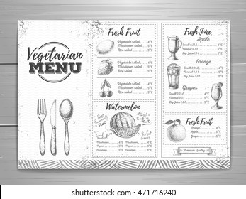 Vintage grunge vegetarian food menu design. Fresh fruit sketch