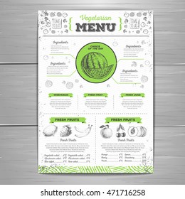 Vintage grunge vegetarian food menu design. Fresh fruit sketch