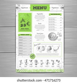 Vintage grunge vegetarian food menu design. Fresh fruit sketch