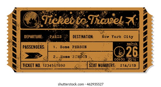  Vintage grungy airplane ticket. Travel concept.