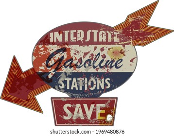 Vintage Grungy American Interstate Highway Gas Station Sign, Retro Distressed And Weathered Vector Illustration