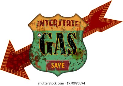 Vintage grungy american interstate highway gas station sign, retro distressed and weathered vector illustration