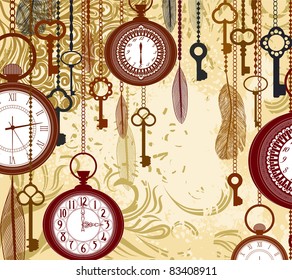 Vintage grungy background with keys and watches