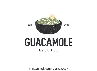 Diseño del logotipo de Guacamole vintage. Restaurante mexicano con tazón aguacate y diseño de iconos nachos