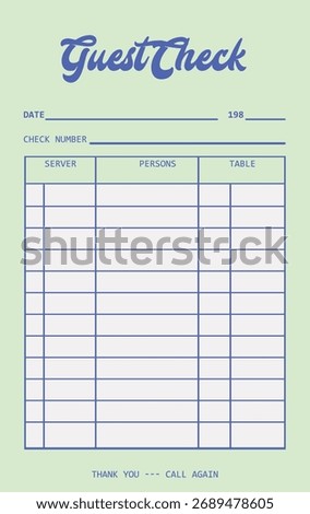 A vintage guest check with columns for server, persons, and table in a clean layout. The retro design features classic typography and structured lines. Cartoon vector illustration.