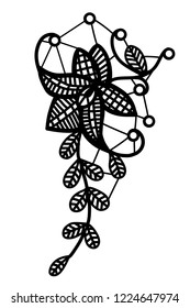 Vintage guipure with a fantasy branch with an abstract flower and leaves on a white background. Vector illustration. Hand drawn design illustration of lace.