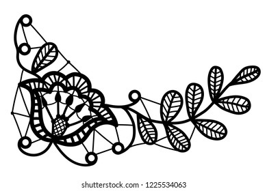 Vintage guipure with a fantasy branch with an abstract flower and leaves on a white background. Hand drawn design illustration of lace.