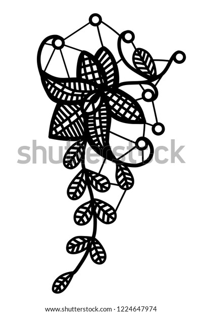 Vintage guipure with a fantasy\
branch with an abstract flower and leaves on a white background.\
Vector illustration. Hand drawn design illustration of\
lace.