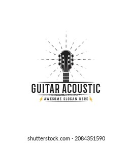 vintage guitar acoustic logo design,music band logo, cafe music, night club,vector template icon