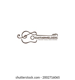 Vintage of Guitar Acoustic Melodic Line art Logo Design